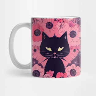 Mystical Black Cat Surrounded by Enchanting Pink Flowers Mug